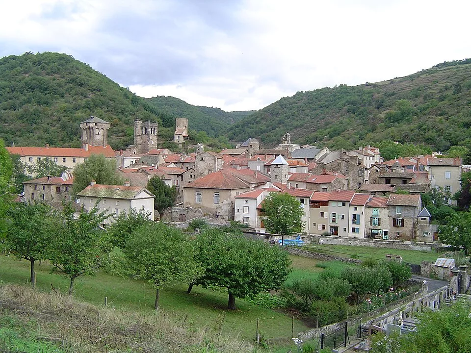 View down over the tiled roofs and bell tower of Blesle, set in greenery