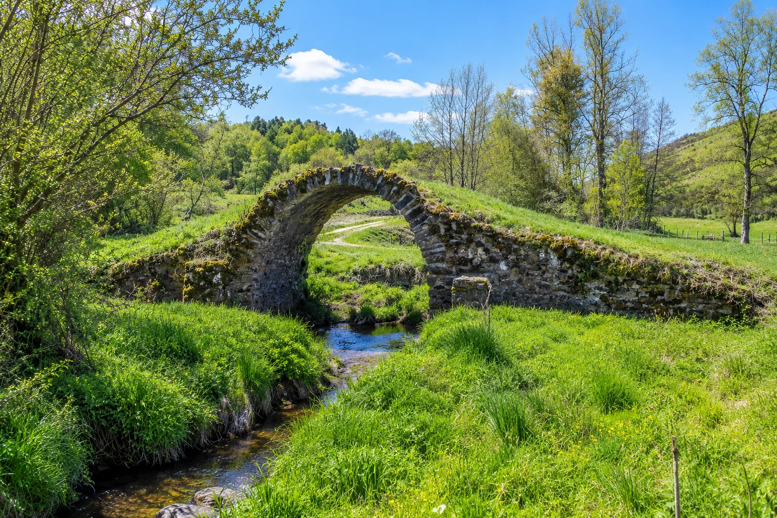 AI-generated illustration: old arched stone bridge over a stream in a green meadow